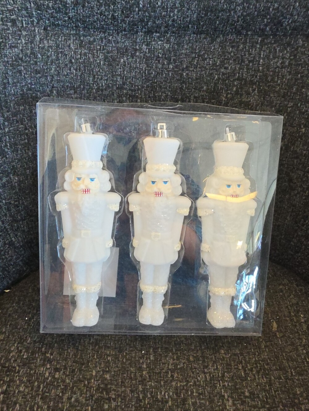 NIP White Glitter 7" Nutcracker Christmas Tree Ornaments Set Of 3 Shatterproof